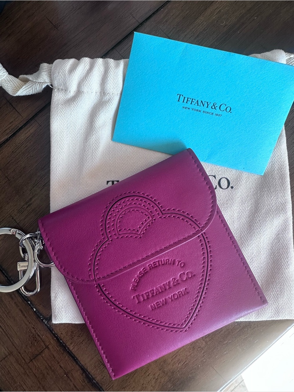 Tiffany & Co. Magenta Leather Heart Key Pouch with Ring
